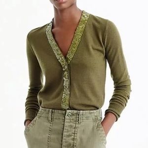 JCrew Harlow Sequin Placket Olive Green Cardigan